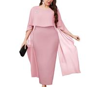ZOMVA Plus Size Elegant Chiffon Cape Dress Crew Neck Wedding Guest Bodycon Cocktail Pencil Maxi Dresses, Without Brooch, Pink, XXL Plus