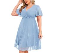 ZOMVA Plus Size Elegant Chiffon Cape Dress Crew Neck Wedding Guest Bodycon Cocktail Pencil Maxi Dresses, Without Brooch, Light Blue, 4XL Plus