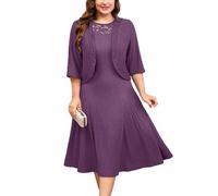 ZOMVA Plus Size Mother of The Bride Groom Dresses for Curvy Women 2 Piece Wedding Guest Dress with Jacket Tea Length, Purple, 3X