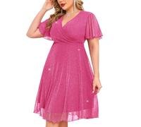 ZOMVA Plus Size Sparkly Mesh Dress A Line Ruffle Sleeve V Neck Wrap Short Glitter Dresses Wedding Guest Cocktail Party, Hot Pink, XXL Plus