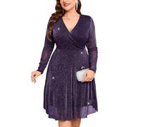 ZOMVA Plus Size Sparkly Mesh Dress A Line Ruffle Sleeve V Neck Wrap Short Glitter Dresses Wedding Guest Cocktail Party, Long Sleeve, Dark Purple, XXL Plus