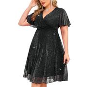 ZOMVA Plus Size Sparkly Mesh Dress A Line Ruffle Sleeve V Neck Wrap Short Glitter Dresses Wedding Guest Cocktail Party, Black, XXL Plus