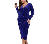 ZOMVA Plus Size Velvet Wrap Dress Ribbed Long Sleeves Long Maxi Elegant Party Wedding Guest Cocktail, B. Royal Blue, 3X-Large