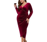 ZOMVA Plus Size Velvet Wrap Dress Ruched Bodycon Dress Long Sleeves Ruffle Long Elegant Party Wedding Guest Cocktail Holiday, XXL Plus