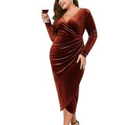 ZOMVA Plus Size Velvet Wrap Dress Ruched Bodycon Dress Long Sleeves Ruffle Long Elegant Party Wedding Guest Cocktail Holiday, Long Sleeves, Rust Brown, XXL Plus