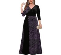 ZOMVA Plus Size Women's Velvet Splice Sparkly Maxi Dress 3/4 Sleeve V-Neck Wrap A-line Dresses Formal Evening Cocktail, Purple, 4XL Plus