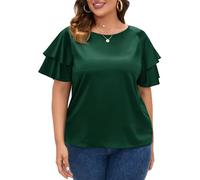 ZOMVA Women's 2024 Plus Size Satin Blouse Short Ruffle Sleeves Silk Top Dressy Shirt Office Elegant, Emerald Green, 5X