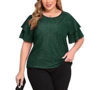 ZOMVA Women's Plus Size Sparkly Top Glitter Blouse Short Ruffle Sleeves Dressy Shirt Elegant Party, Green, 5XL Plus