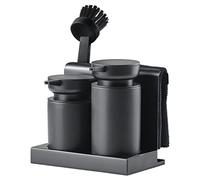 Zone Denmark DIISH Dishwashing Set, Includes Soap Dispenser, Brush, Cloth and Tray, Functional Kitchen Sink Organiser, Metal Stoneware PP Material, 18 x 11.2 x 17 cm, Black, 5 Pieces