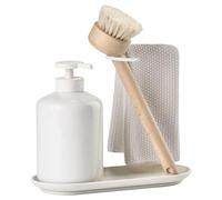 Zone Denmark Inu 4-Piece Sink Set - Elegant Kitchen Set with Soap Dispenser, Brush, Cloth and Shelf - Scandinavian Design Made of Stoneware and ABS - 20.2 x 8.8 x 21 cm - Off-White (White)