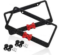 Zone Tech Shiny Bling Women License Plate Cover Frame - 2-Pack Crystal Black with Red Ribbon Bow Premium Quality Novelty/License Plate Frame with Mounting Screws