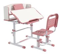 ZONEKIZ Kids Desk and Chair Set, Height Adjustable Children School Study Table with Drawer, Bookshelf, Adjustable Angle Tabletop, Non-slip Mat, for