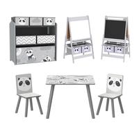 ZONEKIZ Kids Table and Chairs, Kids Storage Unit and Kids Easel Set, Cute Animal Design Kids Activity Furniture Set for Ages 3-8 Years, Grey