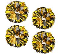 ZONITOK 4 Pcs Metallic Cheerleading Pom Poms, 12 inch Cheerleader PomPoms with Baton Handle, Cheering Squad Pompoms for Kids Adults School Dance Sports Team Spirit Cheering (Black Gold)