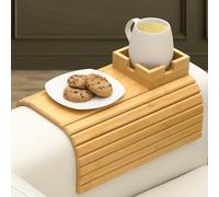 ZONJIE 2-in-1 Wooden Sofa Tray Table with Detachable Tray Sofa Arm Trays Table Bamboo Armrest Tables with Non-Slip Cups Anti-Slip Couch Cup Holder for Snacks Foldable Armrest