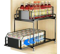 ZONJIE 2-Tier Pull Out Spice Rack for Inside Cupboard, 36cm Slide Out Kitchen Cupboard Organiser, Heavy Duty Metal Cabinet Shelf, Black Pull Out Shelf for Spices, Pantry & Bathroom Storage