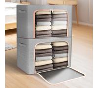 ZONJIE Clothes Storage Bags, Foldable Clothes Storage Boxes with Lids, Clear Window & Carry Handles, Cotton Linen Cloth Steel Frame Box with Zippers for Comforters, Blankets, Bedding (2, 66L)