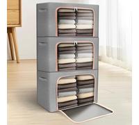 ZONJIE Clothes Storage Bags, Foldable Clothes Storage Boxes with Lids, Clear Window & Carry Handles, Cotton Linen Cloth Steel Frame Box with Zippers for Comforters, Blankets, Bedding (3, 24L)