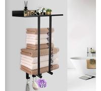 ZONJIE Towel Rack Wall Mounted Bath Towel Holder Over Door Cloths Shelf Stable Self Adhesive Towel Holders with Shelf Hooks for Room Toilet Organisation Large Bath Sheets Rolled, Black