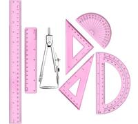 Zonon 1 Set Plastic Geometry Math Set Includes Drawing Compass, 6 Inch 4 Inch Protractor, 45/60 Degree Triangle Rulers 12 Inch 6 Inch Math Ruler Transparent for Office Supplies (Pink)