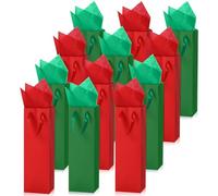 Zonon 12 Pcs Wine Gift Bag with Handles and Tissue Paper 4 x 3.5 x 14 Inch Wine Bottle Gift Bags for Christmas Whiskey Spirits Holiday Wedding Party(Red, Dark Green)
