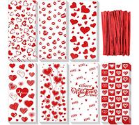 Zonon 175 Pieces Valentine's Day Goodie Bags Bulk Valentine Cellophane Bags Valentines Party Treat Bags Clear Red Heart Gift Candy Snack Bag with Twist Ties for Valentines Day Party Favor Supplies