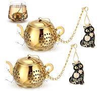 Zonon 2 Pack Gold Teapot Shape Loose Leaf Tea Infuser with Enamel Black Cat Charm Cute and Functional Tea Strainer for Loose Leaf Tea, Tea Accessories Gift for Cat Tea Women Lovers