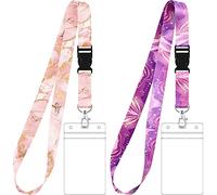 Zonon 2 Set Summer Lanyard with Card Holder for Neck, Neck Strap Flowers Lanyard and Waterproof Transparent Badge Holder for ID Card, Office Supplies(Marble Style)