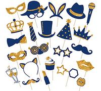 Zonon 24 Pcs Photo Booth Props Set Black Gold Birthday,Gold and Navy Blue | Props on Sticks for Wedding, Reunion, Prom, Includes Mustache, Hats, Glasses, Ties, Lips, Crowns, Fun Party Accessories