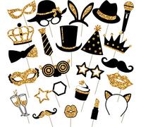 Zonon 24 Pcs Photo Booth Props Set Black Gold Birthday,Golden | Props on Sticks for Wedding, Reunion, Prom, Includes Mustache, Hats, Glasses, Ties, Lips, Crowns, Fun Party Accessories