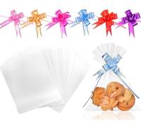 Zonon 410 Pcs 5" X 7" Clear Cellophane Treat Bags Set 200 Clear Pretzels Individual Bags with 210 Pull Bows for Small Gift Party Favors, Cookie, Candy, Popcorn