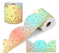 Zonon 65.6ft Pastel Rainbow Gradient Bulletin Board Borders with Golden Star Yellow Pink Light Blue Light Green Gradient Color Scalloped Trim Classroom Decor for School Offices Wall Chalkboard