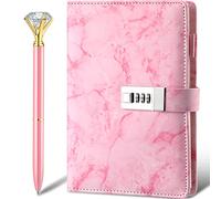 Zonon Diary with Lock for Girls Marble PU Leather A5 Journal Combination with Diamond Pen Back to School Gifts Lock Diary Planner Organizer for Men and Women(Pink,1 Pcs)