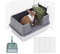 Zonon Extra Large Rabbit Litter Box, 23.6" L x 15.7" W x 12.4" H Stainless Steel Rabbit Litter Box with Lid, Hay Feeder with Hooks, Footed Metal Grid, Easy to Clean for Medium and Large Rabbits