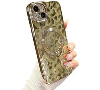 ZONRW for iPhone 14 Plus Case Magnetic,Soft Cute Luxury Leopard Cheetah Pattern Plating Glitter Bling Phone Case Compatible with MagSafe Clear Shockproof Back Cover for Women Girl 6.7"-Gold