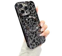 ZONRW for iPhone 14 Pro Max Case Magnetic,Soft Cute Luxury Leopard Cheetah Pattern Plating Glitter Bling Phone Case Compatible with MagSafe Clear Shockproof Back Cover for Women Girl 6.7"-Black