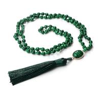 ZONSHJDKR 108 Beaded Necklace for Women Men Green Malachite 6MM Knotted Tassel Necklaces Vintage
