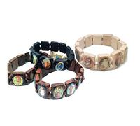 Zonster 4pc Wooden Rosary Jesus Bracelet Elastic Stretch Bangle with Pictures of Religious Saints Catholic Holy Gods Goddess Prayer Manifestation Bracelet, Brown