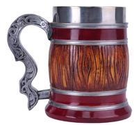 ZONSUSE Barrel Tankard, Medieval Beer Mug, Retro Oak Barrel Beer Stein, Red Imitation Wood Outer Shell with Stainless Steel Inner Tank, Gift for Men Birthday Father's Day Birthday 600ml (Cask)