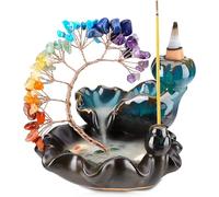 ZONSUSE Ceramic Lake Waterfall Incense Burner,Crystal Tree Backflow Incense Burner,7 Chakra Crystal Tree Scented Sticks Holders,Ceramic Mountain Lake Base with Koi Fish,Home Decor Gifts (Chakra)