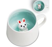ZONSUSE Cute Bunny Ceramic Mug, with Lid and Spoon, 3D Rabbit Inside Cup, Kawaii Animal Coffee Mug for Tea, Milk, Hot Chocolate, Gift for Women, Friends, Kids & Office Use 350ml (3D Rabbit)