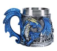 ZONSUSE Medieval Dragon Tankard, Pterosaur Beer Mug with Castle Base, Gothic Stainless Steel Beer Stein with Dragon Wing Handle, Personalized Gifts for Man, Gothic Home Party Decor 450ml (Blue)