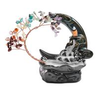 ZONSUSE Moon Ceramic Incense Burner with Crystal Tree, Chakra Crystal Backflow Incense Burner, Moons Incenses Stick Holder, for Yoga Meditation Relax Aromatherapy Gift Home Decor (Moon Chakra)