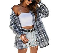 Zontroldy Oversized Flannel Shirts for Women Lightweight 90s Flannel Buffalo Plaid Button Down Shirt Tops, 01 Light Gray, Small