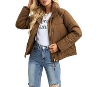Zontroldy Women's Casual Cropped Quilted Zip Up Stand Collar Long Sleeve Puffer Jackets Short Puffy Coat Outerwear, Z1 Brown, L