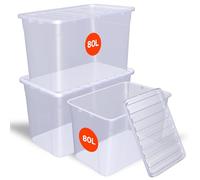 Zooblaze - Pack of 3 x 80 Litre storage boxes with lids, Clear & Large stackable storage boxes, Multipurpose under bed storage box with lid for Office, Garage, Clothes & home storage