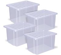Zooblaze - Pack of 4 x 30 Litre storage boxes with lids, Clear & Large stackable storage boxes, Multipurpose under bed storage box with lid for Office, Garage, Clothes & home storage