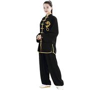 ZooBoo Unisex Cotton and Silk Dragon Embroidery Long Sleeves Tai Chi Uniform Suit Martial Arts Wing Chun Clothing - Black - XXL