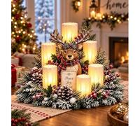 zoocco Christmas Lighted Centrepiece, Festive Table Decoration (Reindeer) | Christmas lighted centrepiece, 7 figure styles, snowy greenery, red berries, pine cones, glowing pillars, table decor