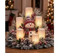 zoocco Christmas Lighted Centrepiece, Festive Table Decoration (Snowman) | Christmas lighted centrepiece, 7 figure styles, snowy greenery, red berries, pine cones, glowing pillars, table decor